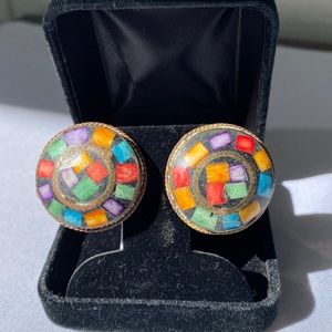 Vintage brass mosaic inlaid style earrings